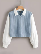 Women's Blue Cable Knit Sweater Vest with White Puff Sleeve Shirt