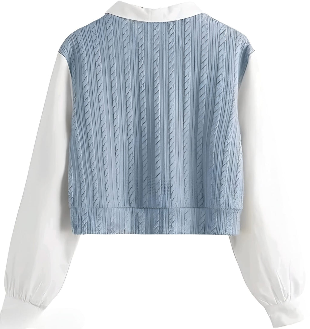 Women's Blue Cable Knit Sweater Vest with White Puff Sleeve Shirt