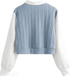 Women's Blue Cable Knit Sweater Vest with White Puff Sleeve Shirt