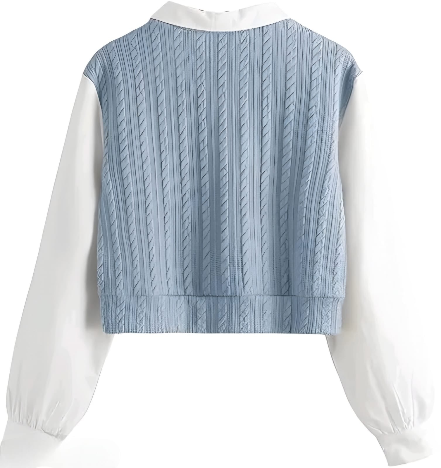 Women's Blue Cable Knit Sweater Vest with White Puff Sleeve Shirt