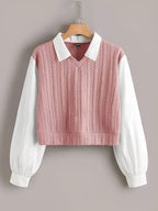 Women's Blue Cable Knit Sweater Vest with White Puff Sleeve Shirt
