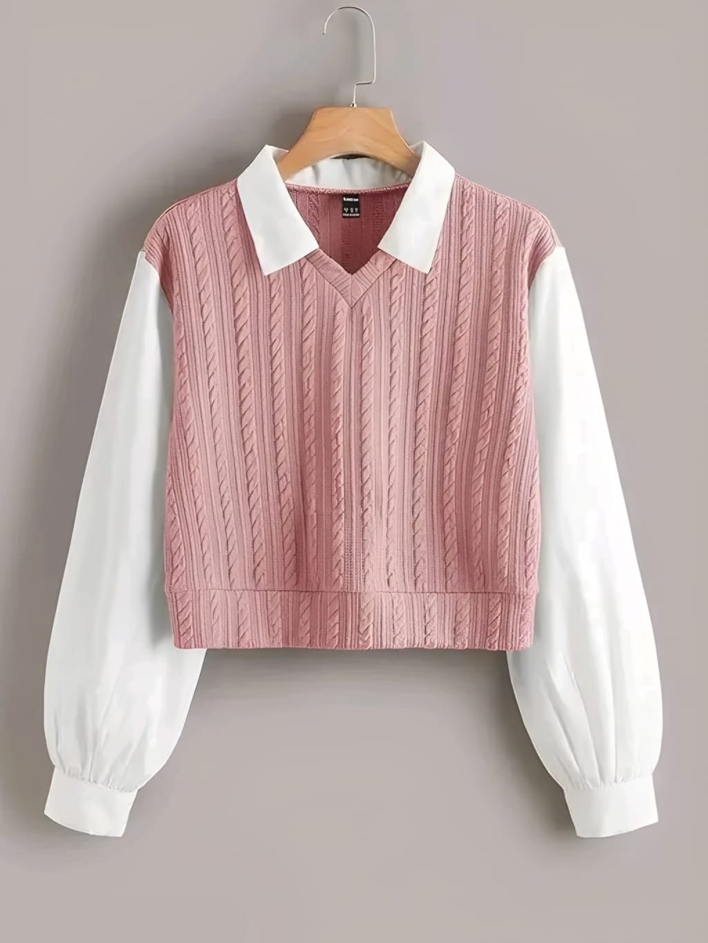 Women's Blue Cable Knit Sweater Vest with White Puff Sleeve Shirt