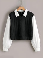 Women's Blue Cable Knit Sweater Vest with White Puff Sleeve Shirt