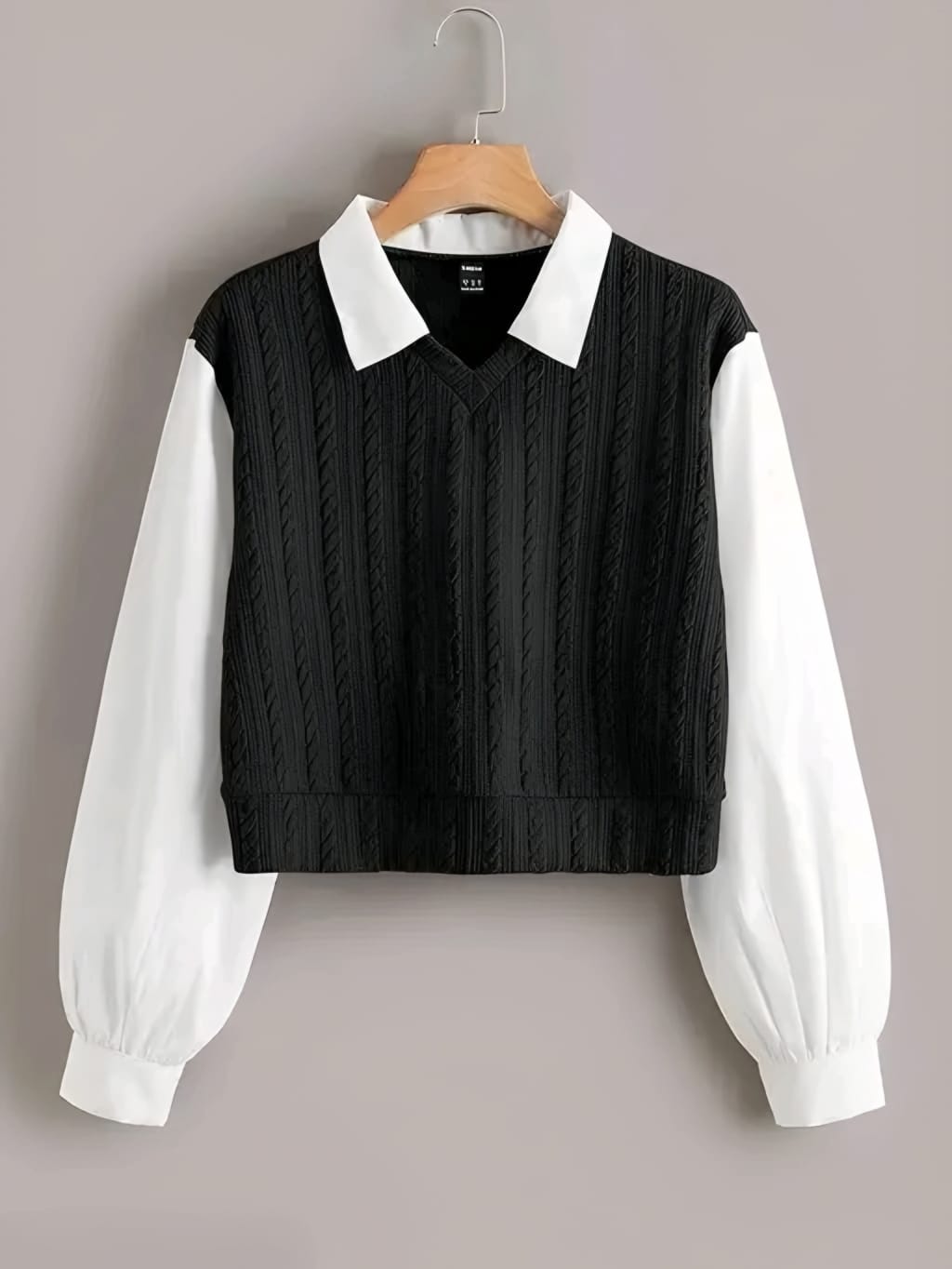 Women's Blue Cable Knit Sweater Vest with White Puff Sleeve Shirt