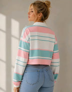 Women's Pastel Striped Polo Collar Crop Sweatshirt– Casual Full Sleeve Korean Style Top
