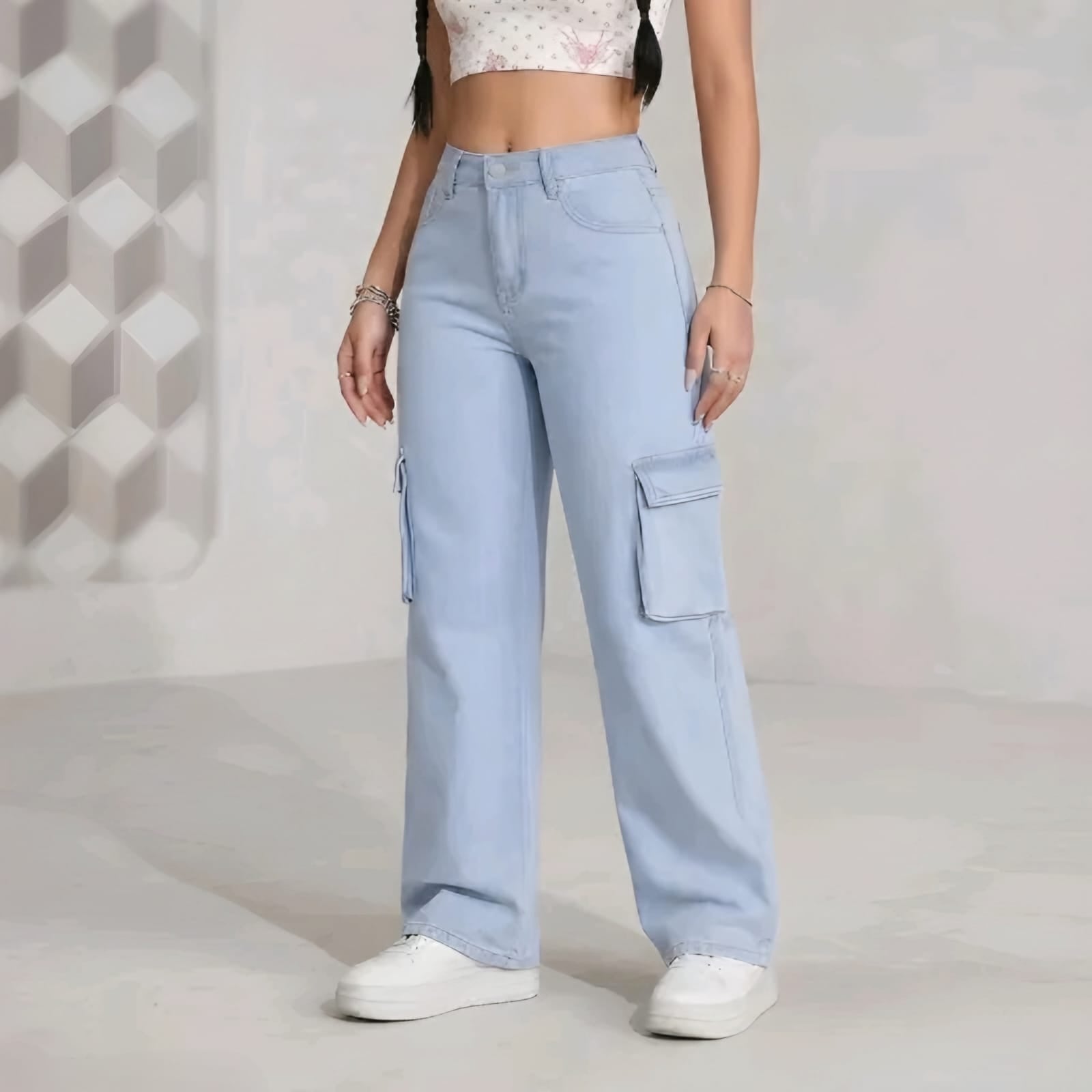 Women's Light Blue High-Waist Cargo Wide Leg Pants