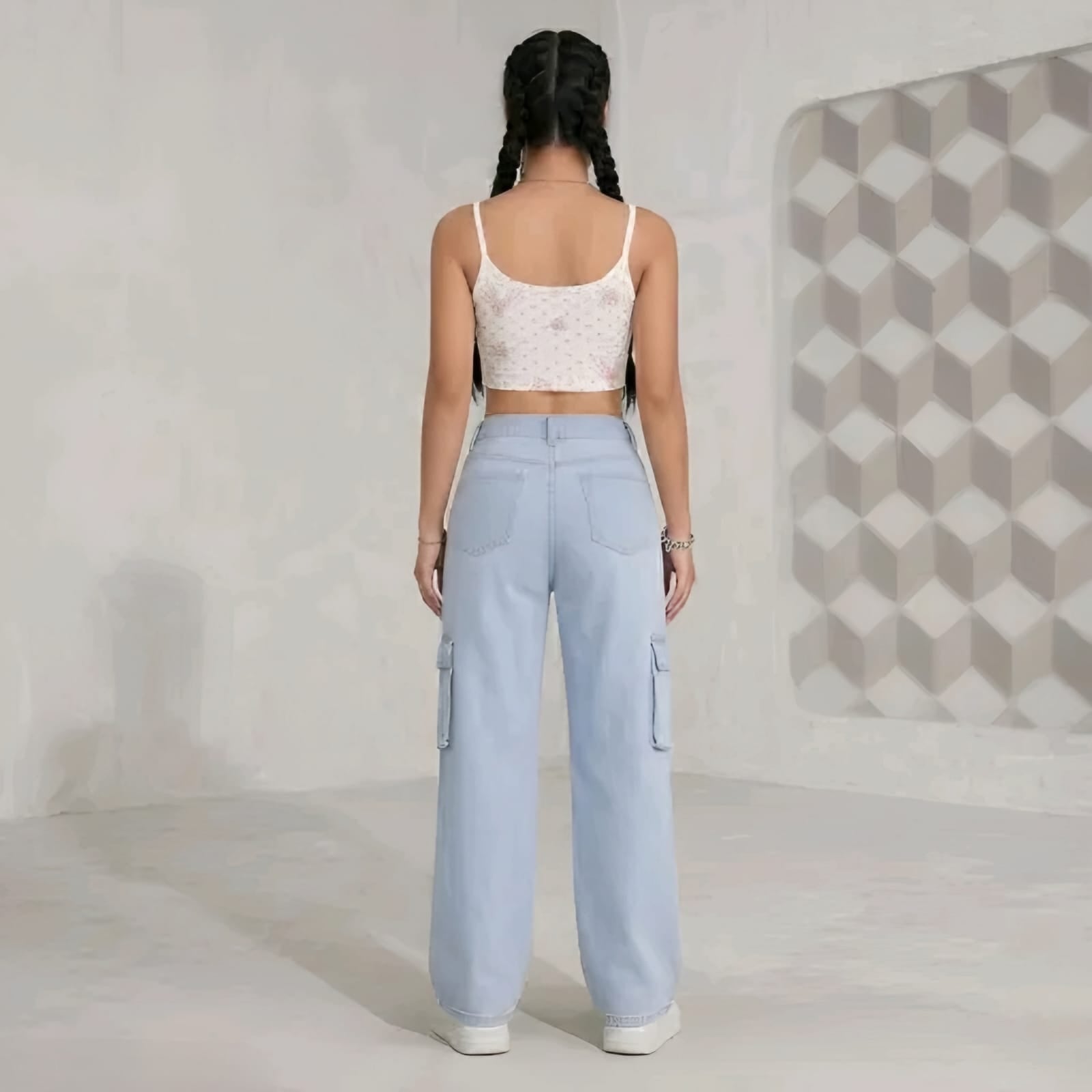 Women's Light Blue High-Waist Cargo Wide Leg Pants