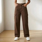 Women's Brown Wide Leg Cargo Pants | High Waist Casual Utility Trousers with Side Pockets