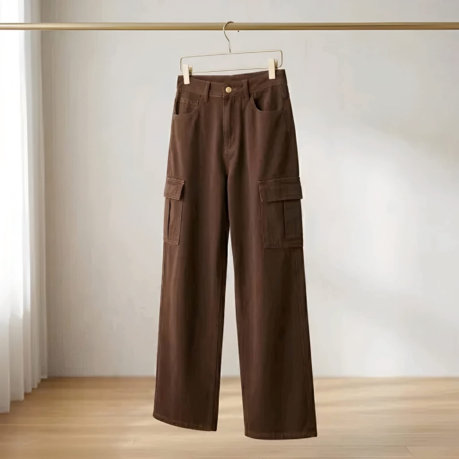 Women's Brown Wide Leg Cargo Pants | High Waist Casual Utility Trousers with Side Pockets