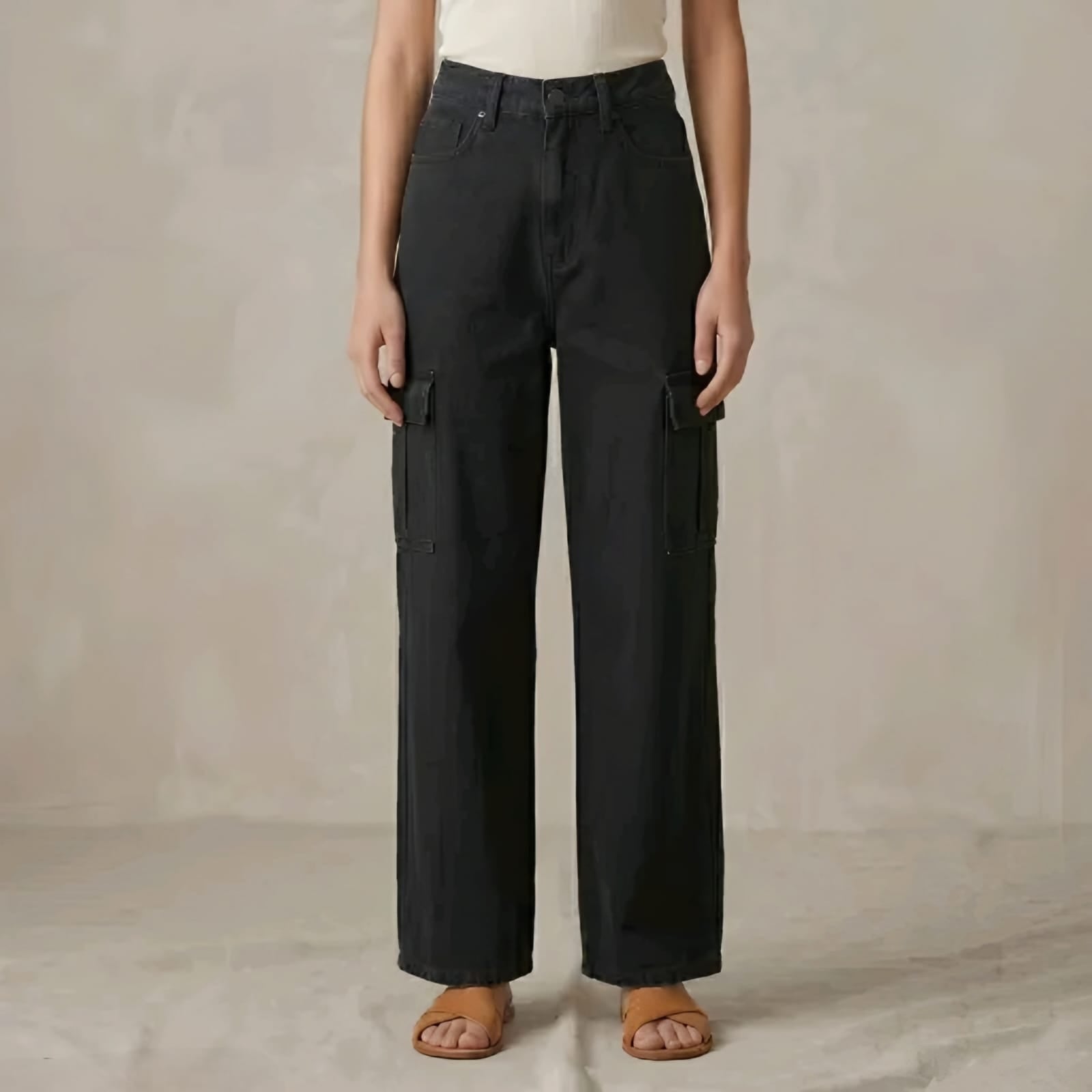 Women's Black Wide Leg Cargo Pants | High Waist Utility Trousers with Multiple Pockets