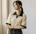 Ribbed Polo T-Shirt with Contrast White Collar | Casual Half Sleeve Top