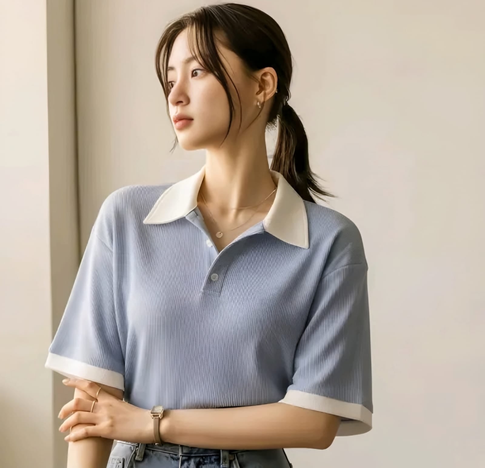 Ribbed Polo T-Shirt with Contrast White Collar | Casual Half Sleeve Top