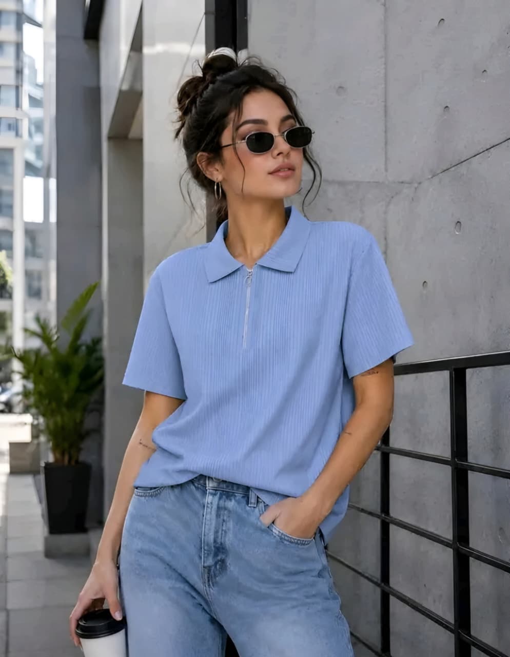 Ribbed Half-Zip Polo T-Shirt | Casual Loose Fit Short Sleeve Top