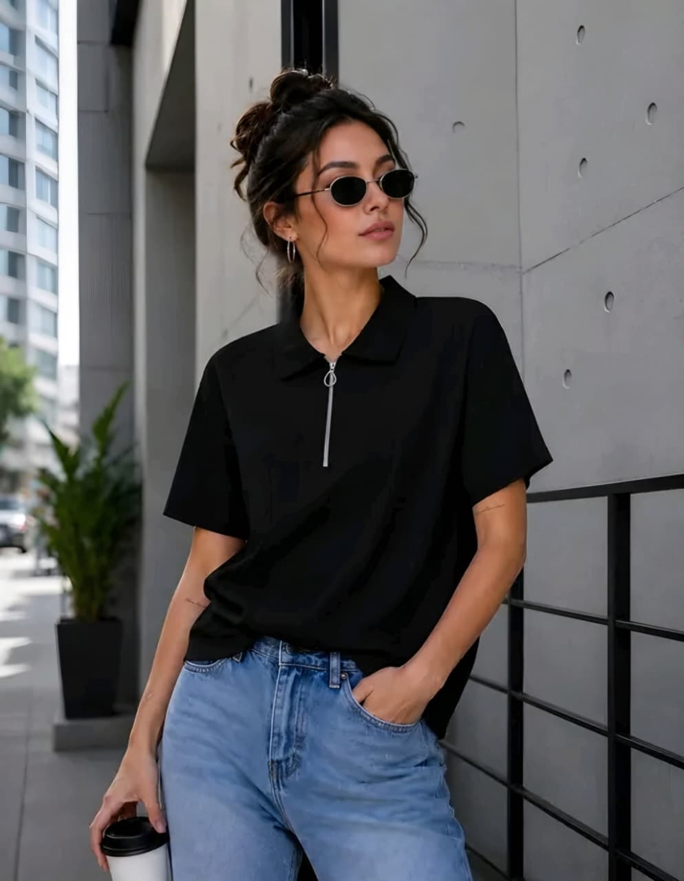 Ribbed Half-Zip Polo T-Shirt | Casual Loose Fit Short Sleeve Top