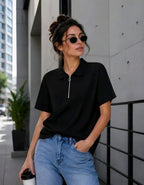 Ribbed Half-Zip Polo T-Shirt | Casual Loose Fit Short Sleeve Top