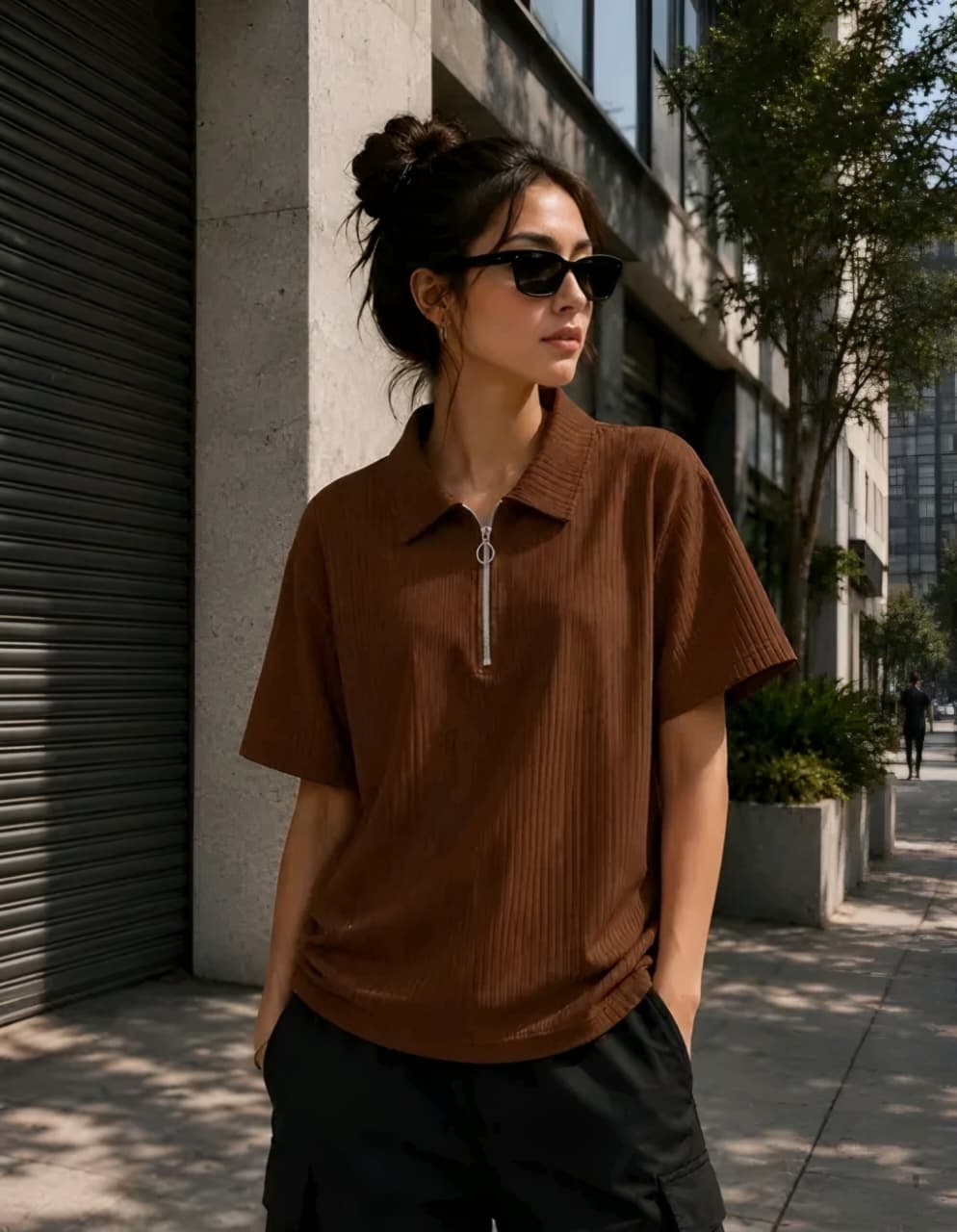 Ribbed Half-Zip Polo T-Shirt | Casual Loose Fit Short Sleeve Top