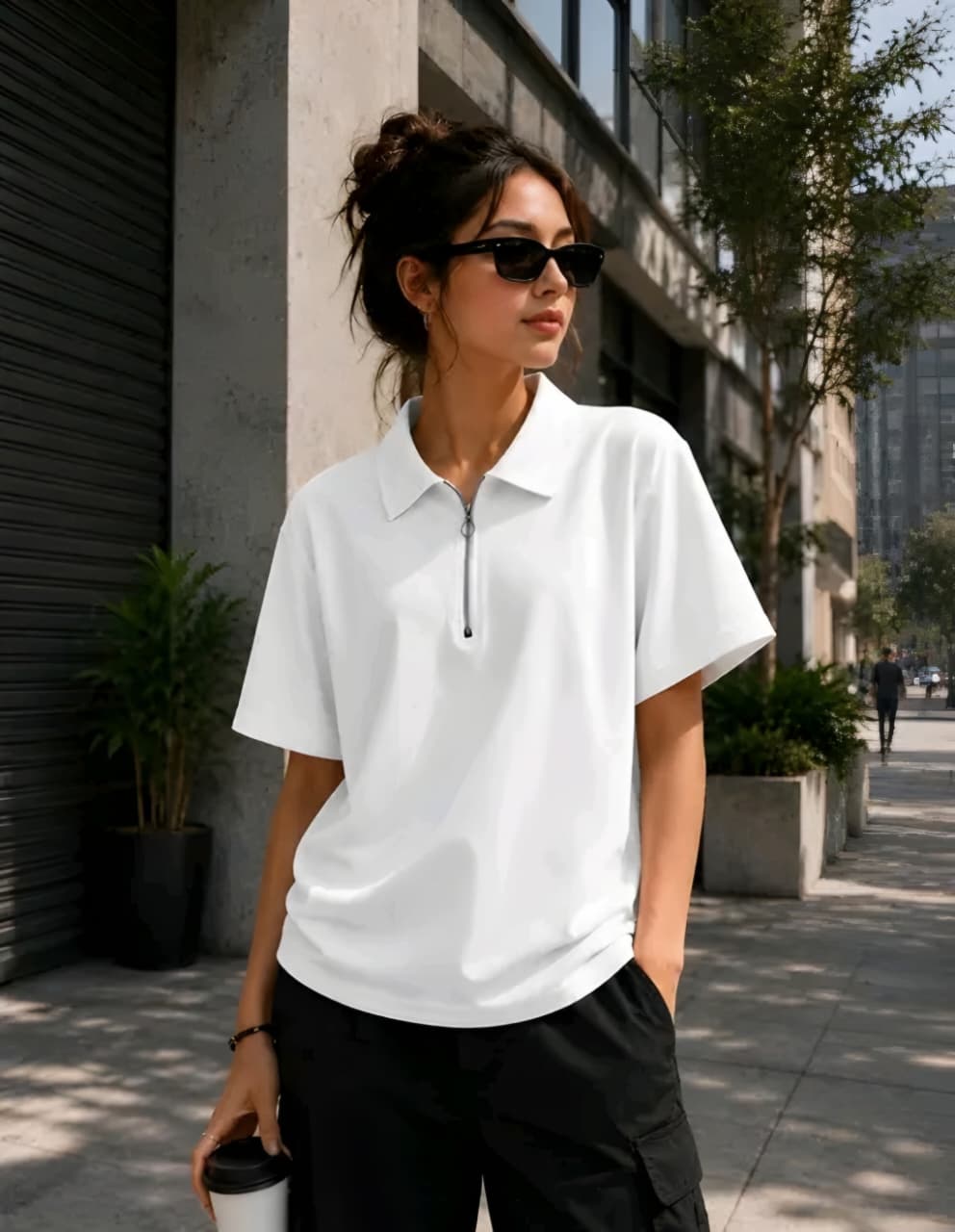 Ribbed Half-Zip Polo T-Shirt | Casual Loose Fit Short Sleeve Top