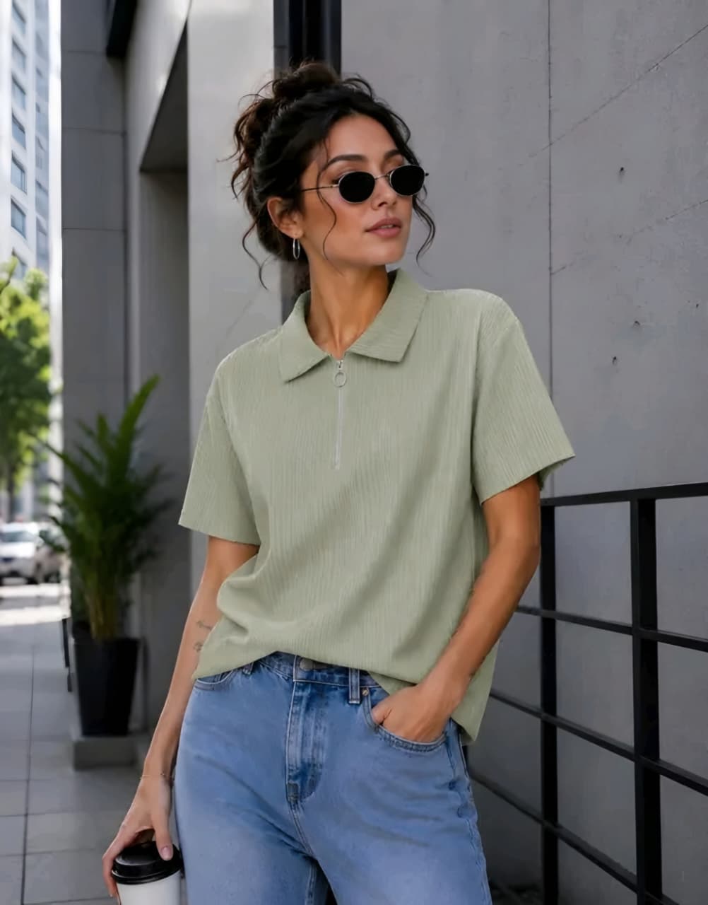 Ribbed Half-Zip Polo T-Shirt | Casual Loose Fit Short Sleeve Top
