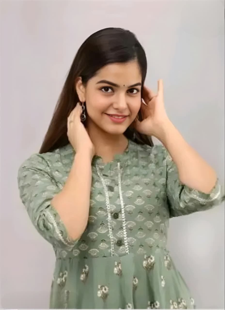 Women's Sage Green Floral Printed Anarkali Kurta | Ethnic Long Gown Dress with 3/4 Sleeves
