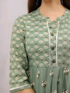Women's Sage Green Floral Printed Anarkali Kurta | Ethnic Long Gown Dress with 3/4 Sleeves