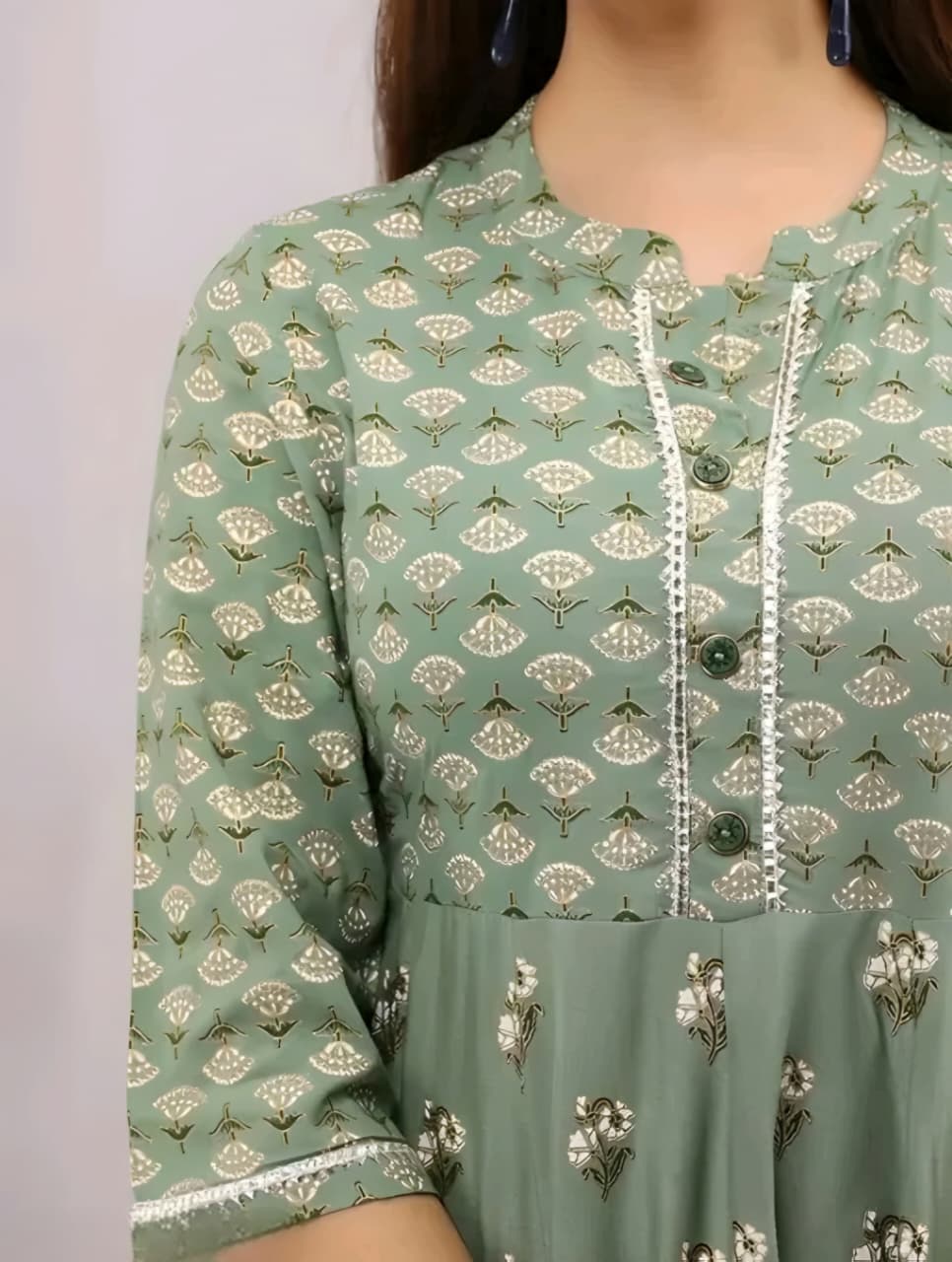 Women's Sage Green Floral Printed Anarkali Kurta | Ethnic Long Gown Dress with 3/4 Sleeves
