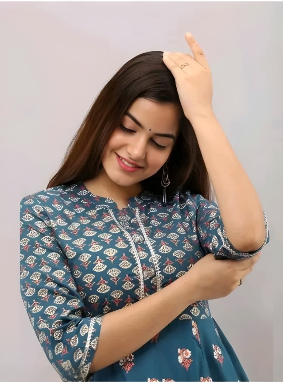 Women's Teal Blue Printed Anarkali Kurta | Ethnic Flared Maxi Dress with 3/4 Sleeves
