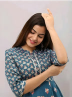 Women's Teal Blue Printed Anarkali Kurta | Ethnic Flared Maxi Dress with 3/4 Sleeves
