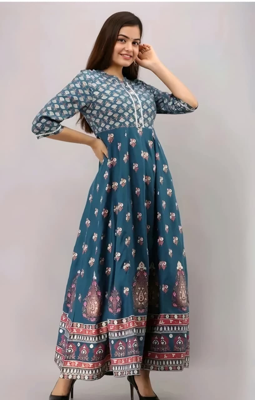 Women's Teal Blue Printed Anarkali Kurta | Ethnic Flared Maxi Dress with 3/4 Sleeves