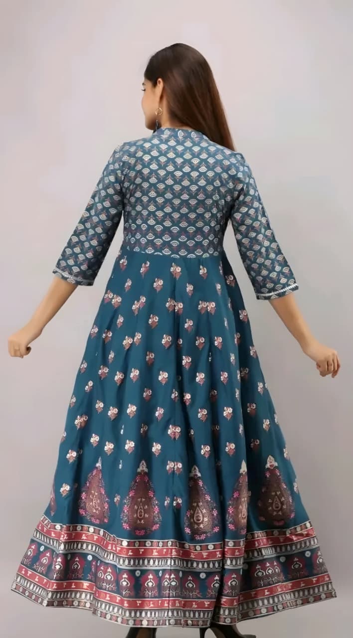 Women's Teal Blue Printed Anarkali Kurta | Ethnic Flared Maxi Dress with 3/4 Sleeves