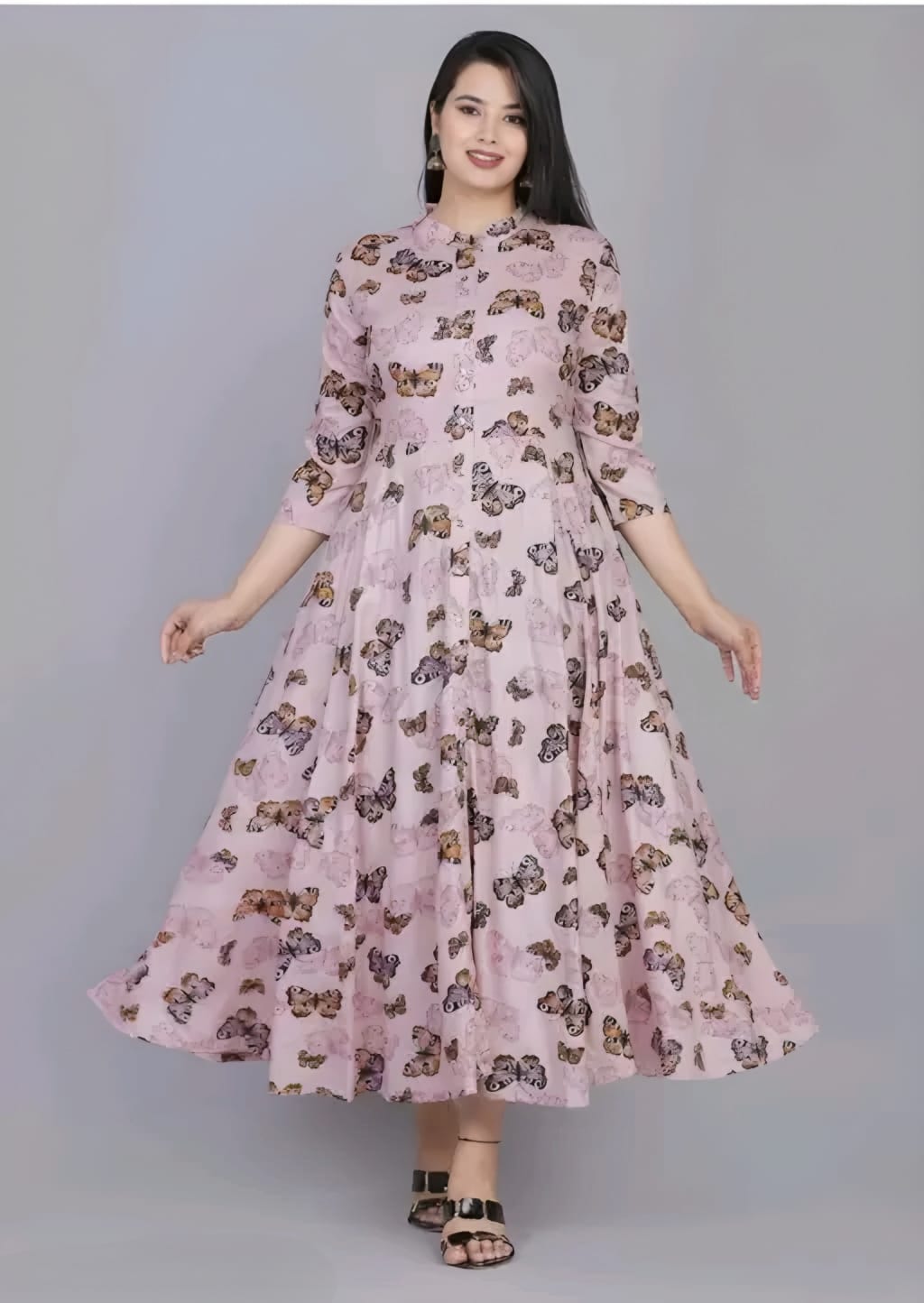 Women's Blush Pink Butterfly Print Anarkali Dress | Elegant Flared Maxi Dress with 3/4 Sleeves