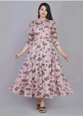 Women's Blush Pink Butterfly Print Anarkali Dress | Elegant Flared Maxi Dress with 3/4 Sleeves