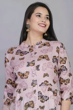 Women's Blush Pink Butterfly Print Anarkali Dress | Elegant Flared Maxi Dress with 3/4 Sleeves