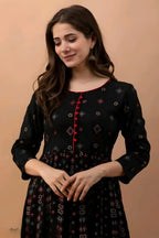 Women's Navy Blue Printed Anarkali Maxi Dress | Ethnic Flared Kurta Gown with 3/4 Sleeves