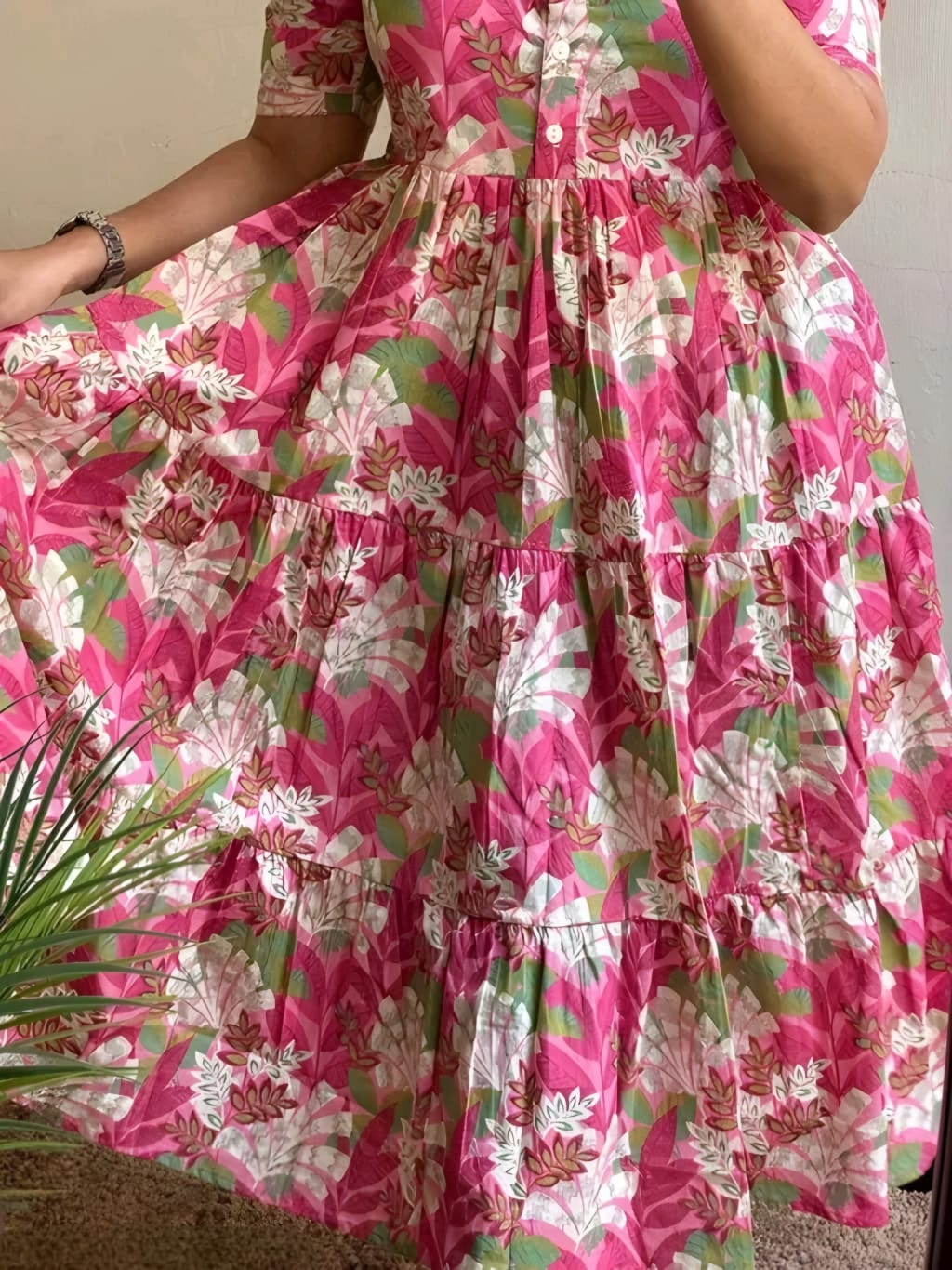 Women's Pink Floral Print Fit & Flare Midi Dress | Elegant Cotton Casual Dress