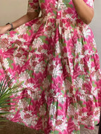 Women's Pink Floral Print Fit & Flare Midi Dress | Elegant Cotton Casual Dress