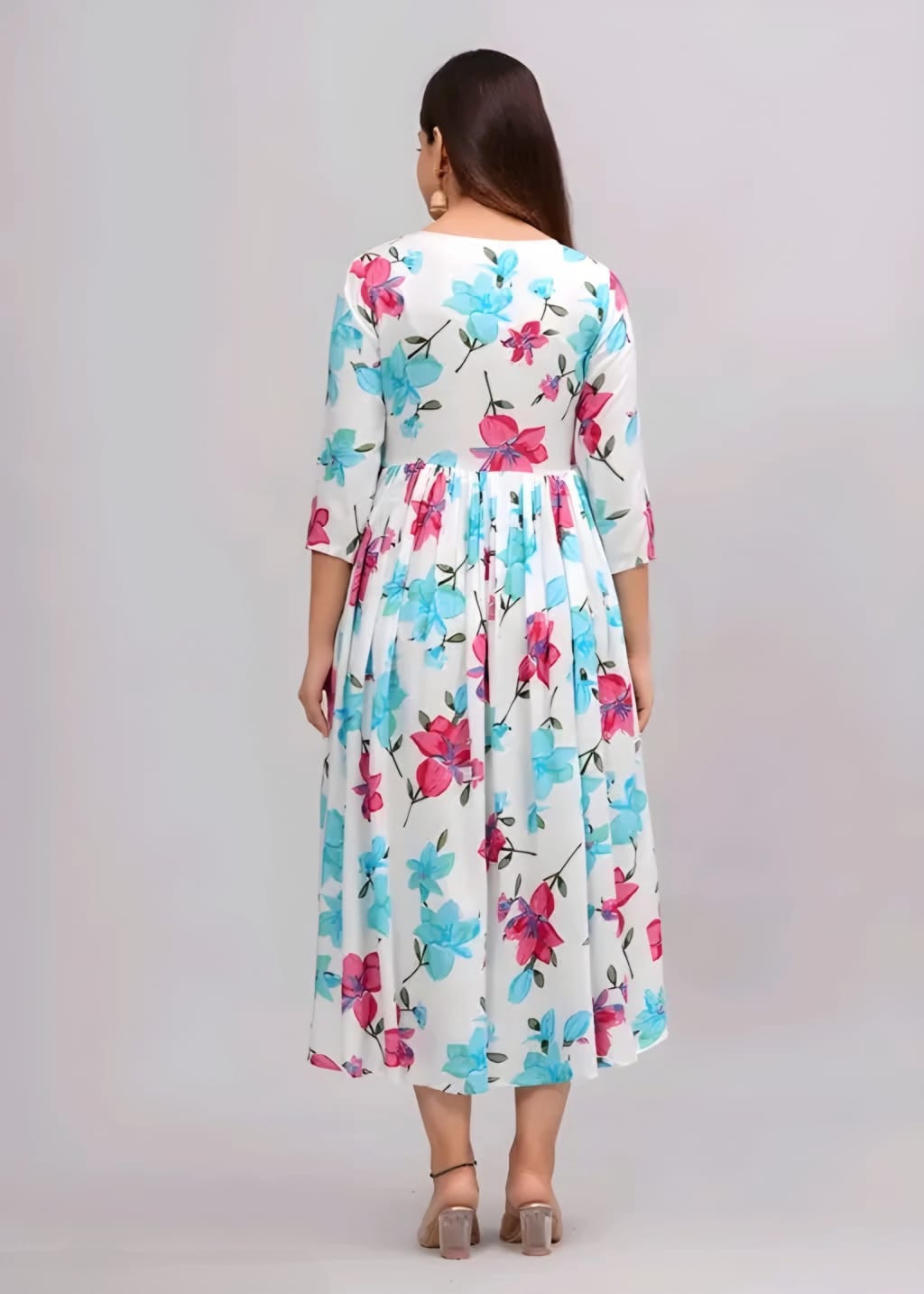 Women's White Floral Print Anarkali Midi Dress | Elegant Fit & Flare Casual Dress with 3/4 Sleeves