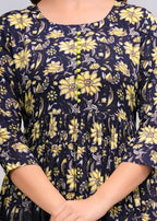 Black Floral Print Fit & Flare Midi Dress | Elegant Casual Anarkali Dress