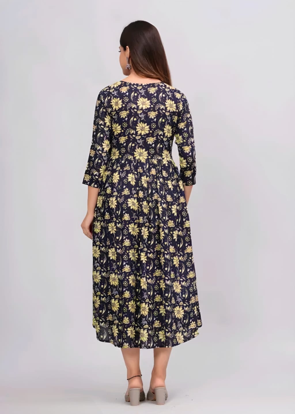 Black Floral Print Fit & Flare Midi Dress | Elegant Casual Anarkali Dress