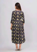 Black Floral Print Fit & Flare Midi Dress | Elegant Casual Anarkali Dress