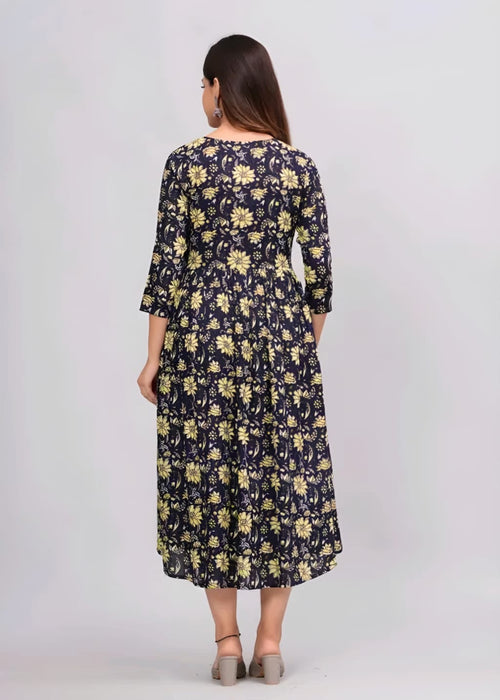 Black Floral Print Fit & Flare Midi Dress | Elegant Casual Anarkali Dress