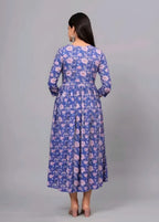 Blue Floral Printed Anarkali Cotton Maxi Dress | Elegant Flared Casual & Festive Wear