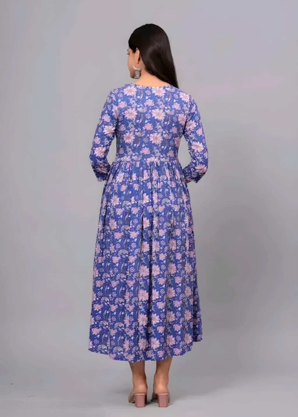 Blue Floral Printed Anarkali Cotton Maxi Dress | Elegant Flared Casual & Festive Wear