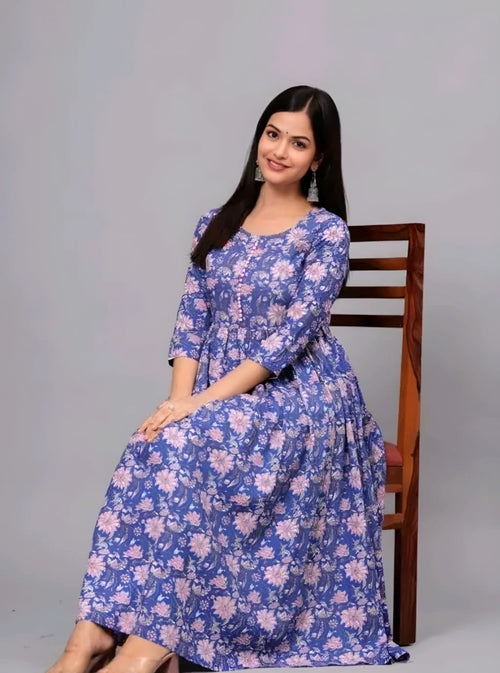 Blue Floral Printed Anarkali Cotton Maxi Dress | Elegant Flared Casual & Festive Wear
