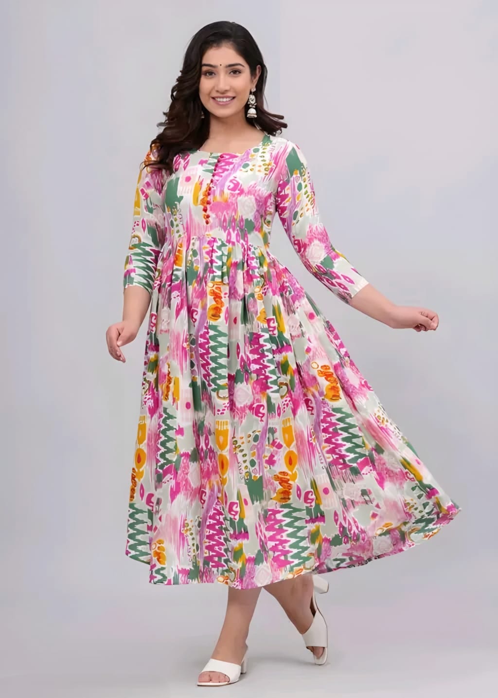 Multicolor Printed Cotton Anarkali Maxi Dress | Elegant Flared Casual & Party Wear Dress