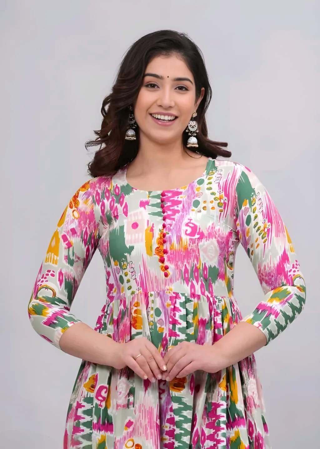 Multicolor Printed Cotton Anarkali Maxi Dress | Elegant Flared Casual & Party Wear Dress