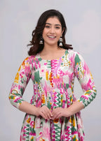 Multicolor Printed Cotton Anarkali Maxi Dress | Elegant Flared Casual & Party Wear Dress