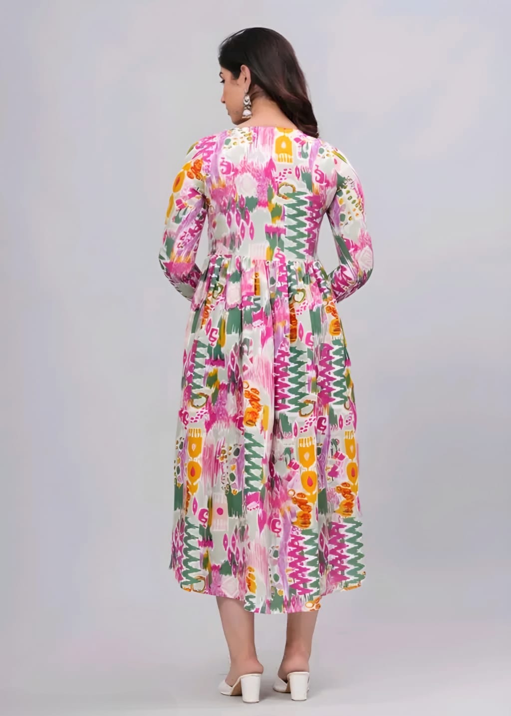 Multicolor Printed Cotton Anarkali Maxi Dress | Elegant Flared Casual & Party Wear Dress