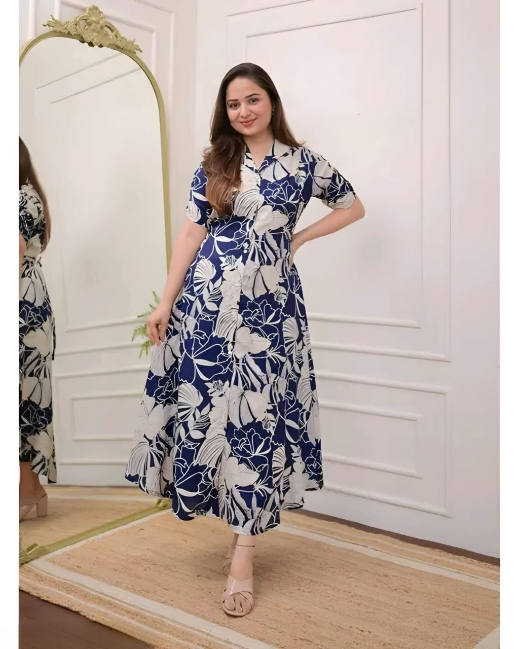 Women's Navy Blue Floral Printed Shirt Dress | Elegant Casual Midi Dress with Collar