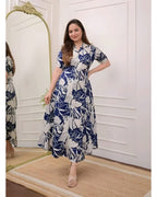 Women's Navy Blue Floral Printed Shirt Dress | Elegant Casual Midi Dress with Collar