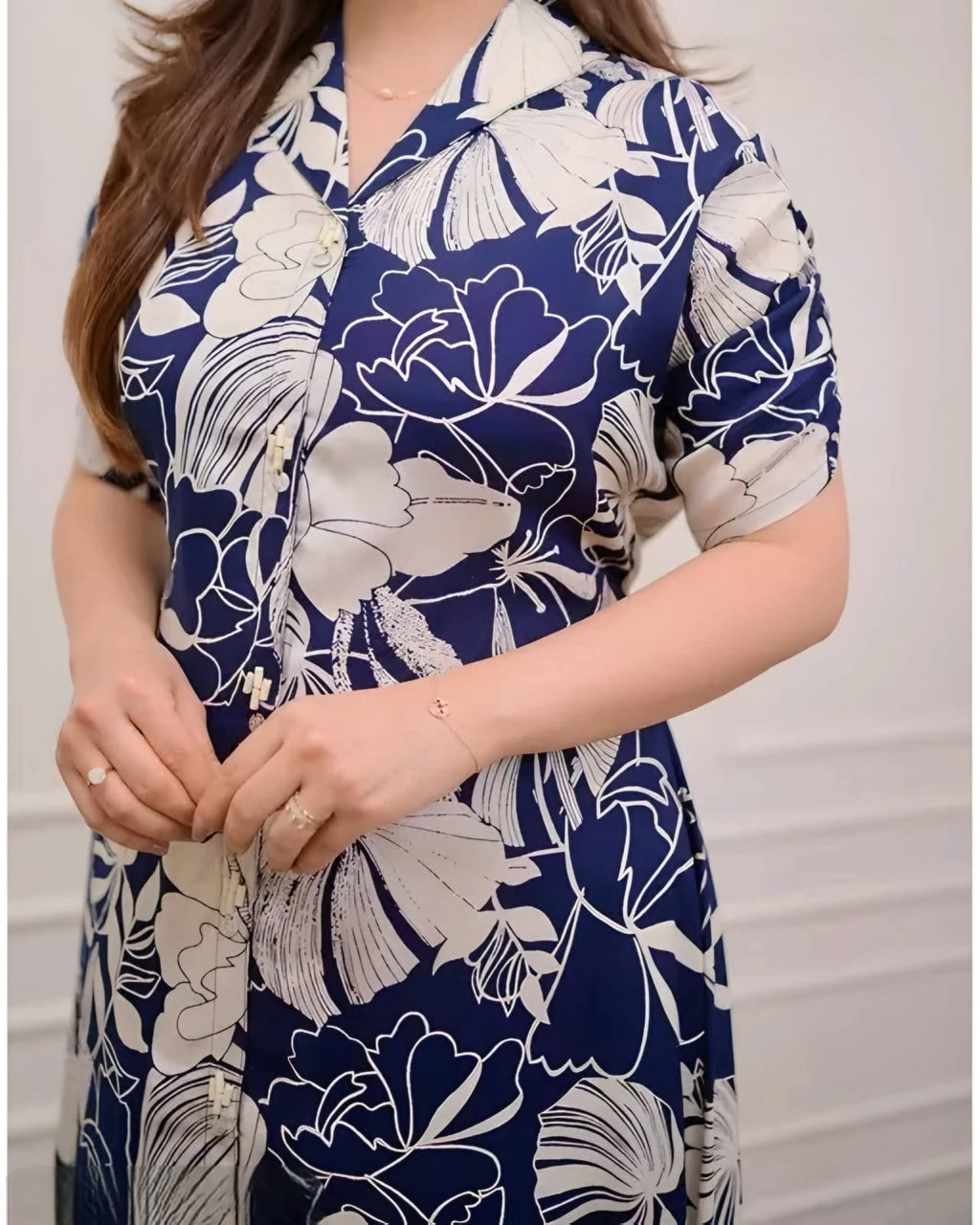 Women's Navy Blue Floral Printed Shirt Dress | Elegant Casual Midi Dress with Collar